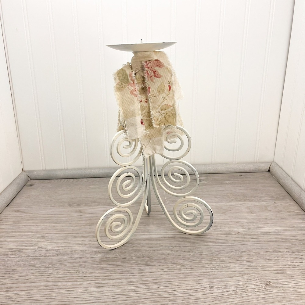 Vintage Shabby Chic Candle Holder: Weathered White Iron, Floral Burlap